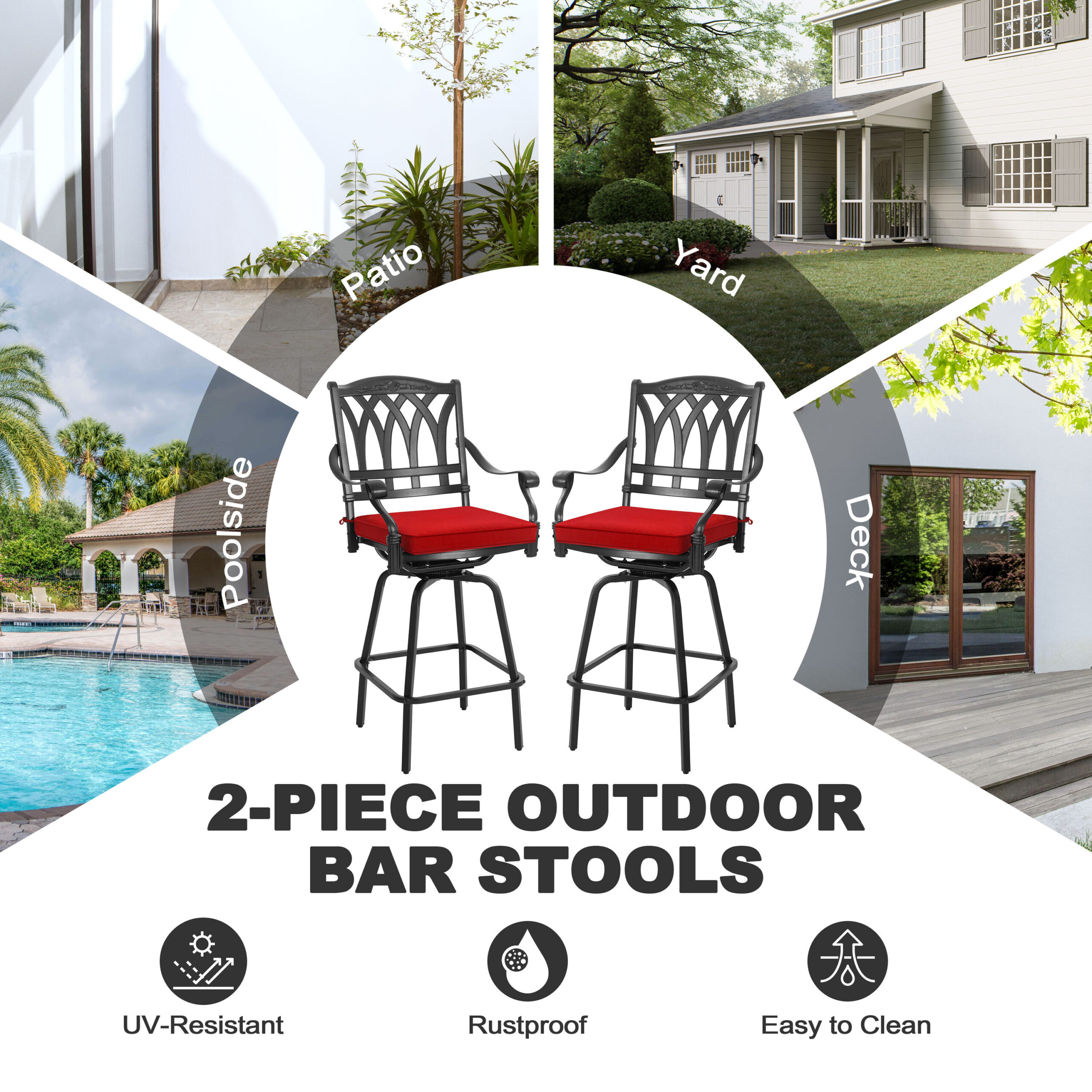 Nuu Garden 3 -Piece Black Bar Height Patio Dining Set Aluminum Round Table with 2 Red Cushions Swivel Chairs