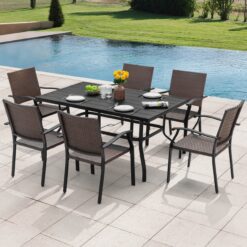 Nuu Garden 7 -Piece Black Wicker Patio Dining Set Iron Rectangle Table with 6 Stackable Stationary Chairs