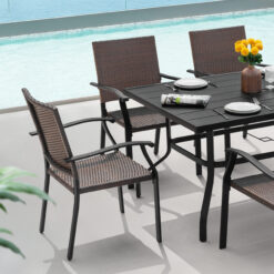 Nuu Garden 7 -Piece Black Wicker Patio Dining Set Iron Rectangle Table with 6 Stackable Stationary Chairs