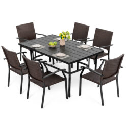 Nuu Garden 7 -Piece Black Wicker Patio Dining Set Iron Rectangle Table with 6 Stackable Stationary Chairs