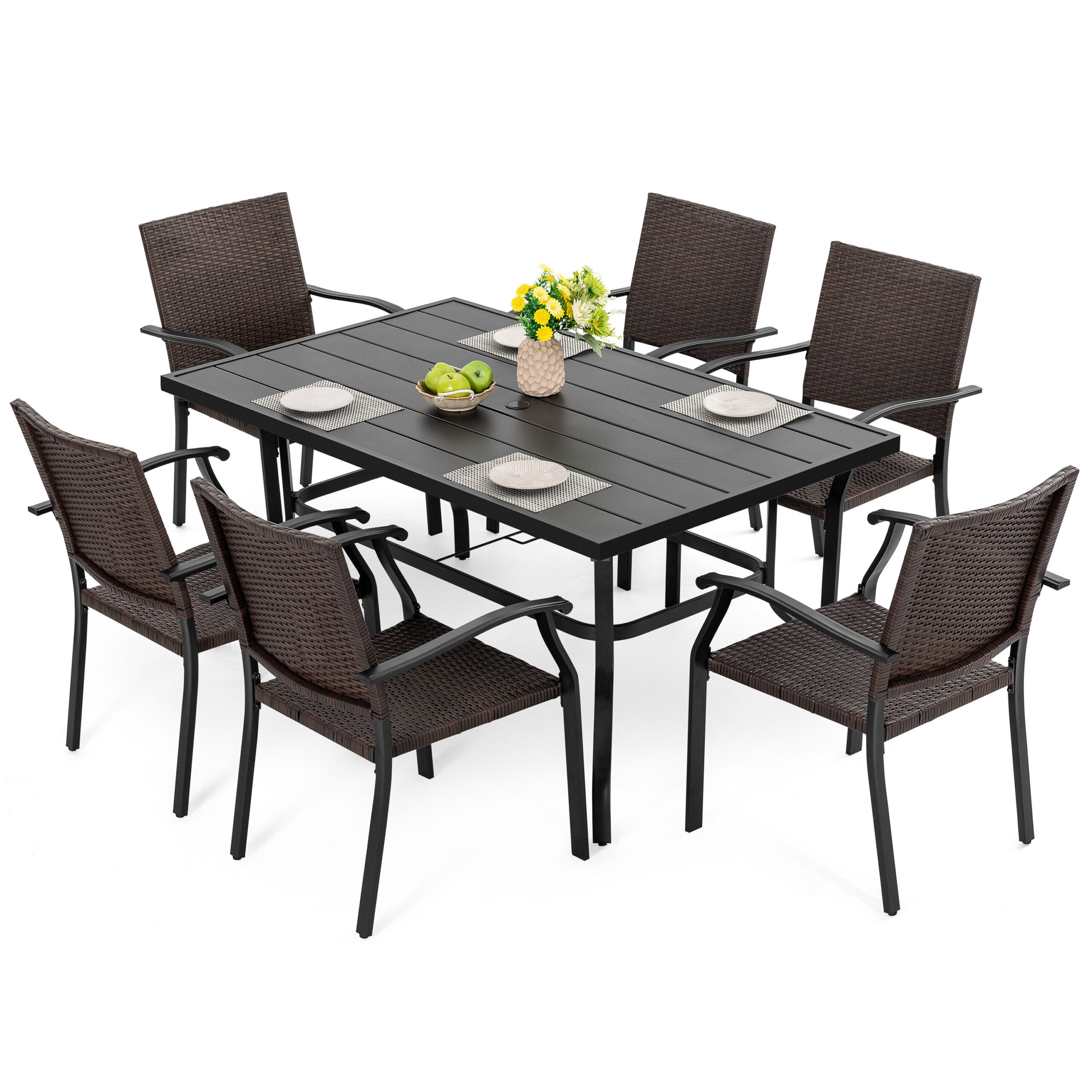 Nuu Garden 7 -Piece Black Wicker Patio Dining Set Iron Rectangle Table with 6 Stackable Stationary Chairs