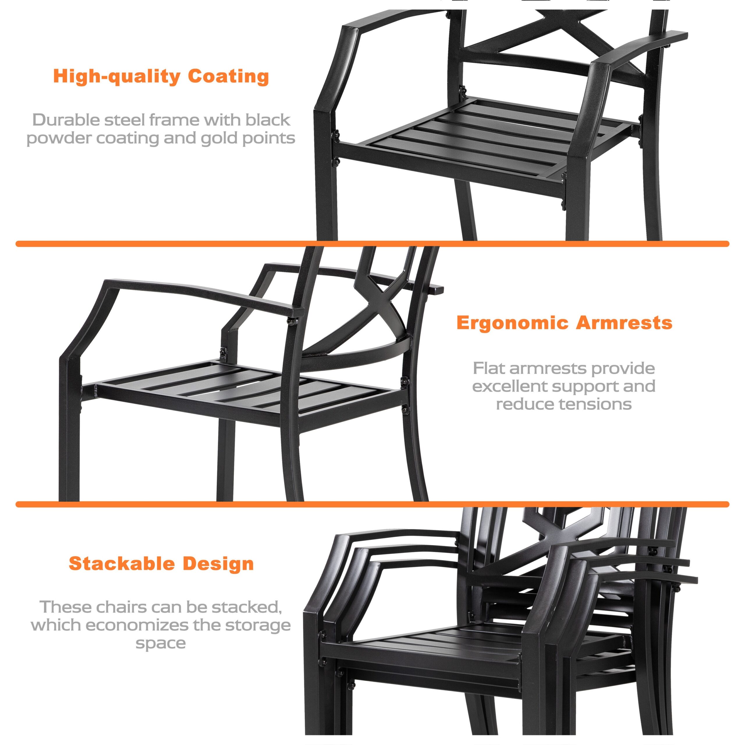 Nuu Garden 5 -Piece Black Patio Dining Set Iron Square Table with 4 Stackable Stationary Chairs