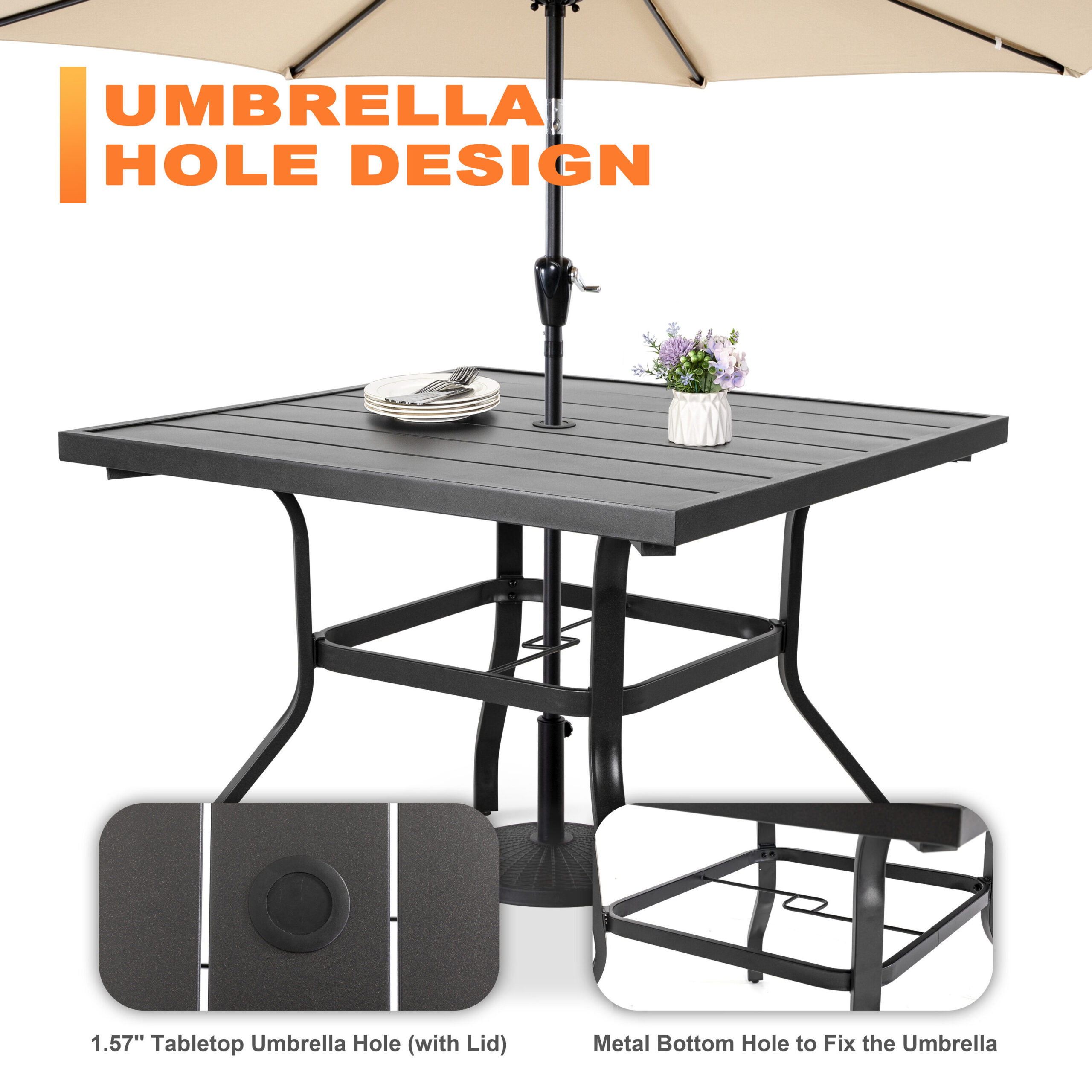 Nuu Garden 5 -Piece Black Patio Dining Set Iron Square Table with 4 Stackable Stationary Chairs