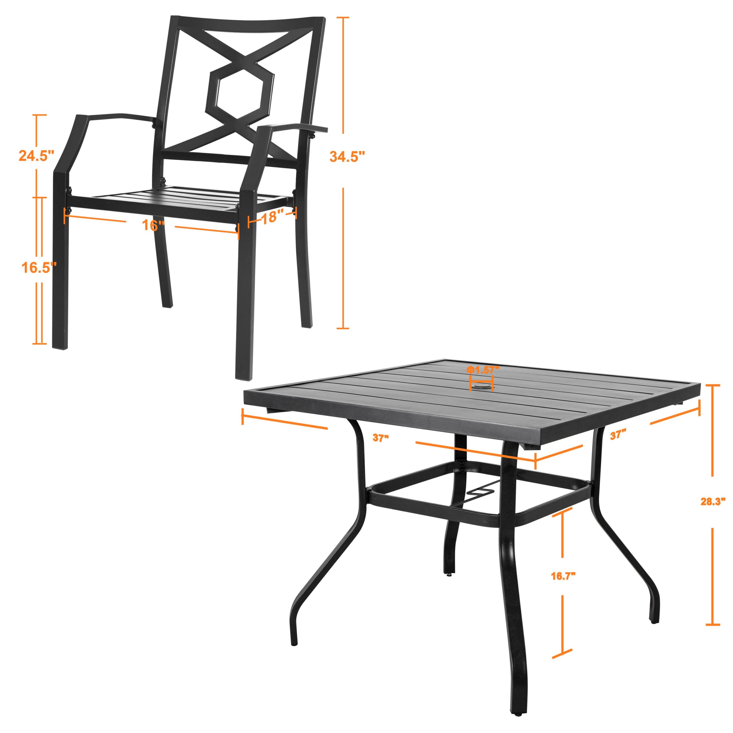 Nuu Garden 5 -Piece Black Patio Dining Set Iron Square Table with 4 Stackable Stationary Chairs