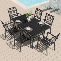 Nuu Garden 7 -Piece Black Patio Dining Set Iron Rectangle Table with 6 Stackable Stationary Chairs