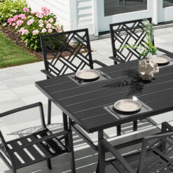 Nuu Garden 7 -Piece Black Patio Dining Set Iron Rectangle Table with 6 Stackable Stationary Chairs