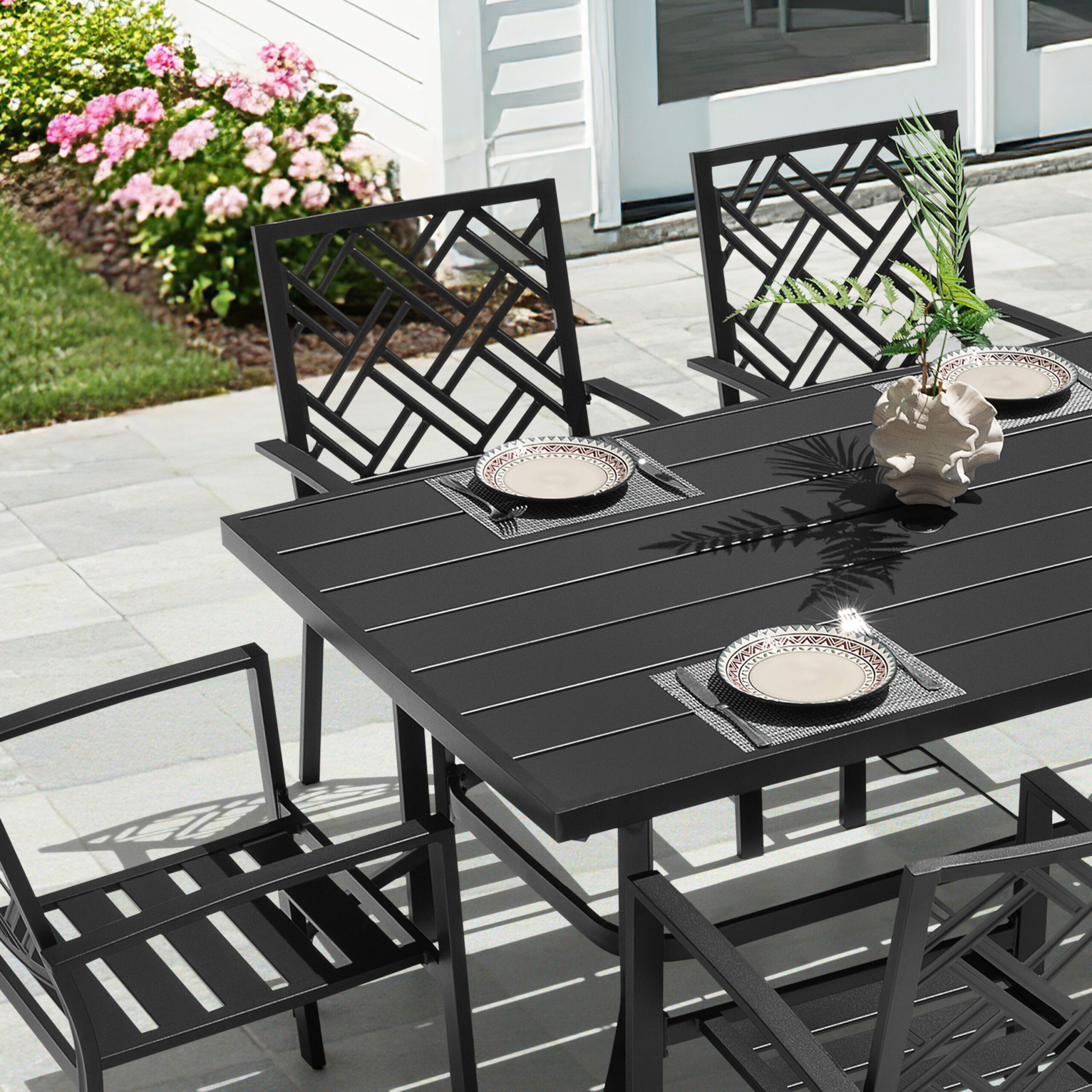Nuu Garden 7 -Piece Black Patio Dining Set Iron Rectangle Table with 6 Stackable Stationary Chairs