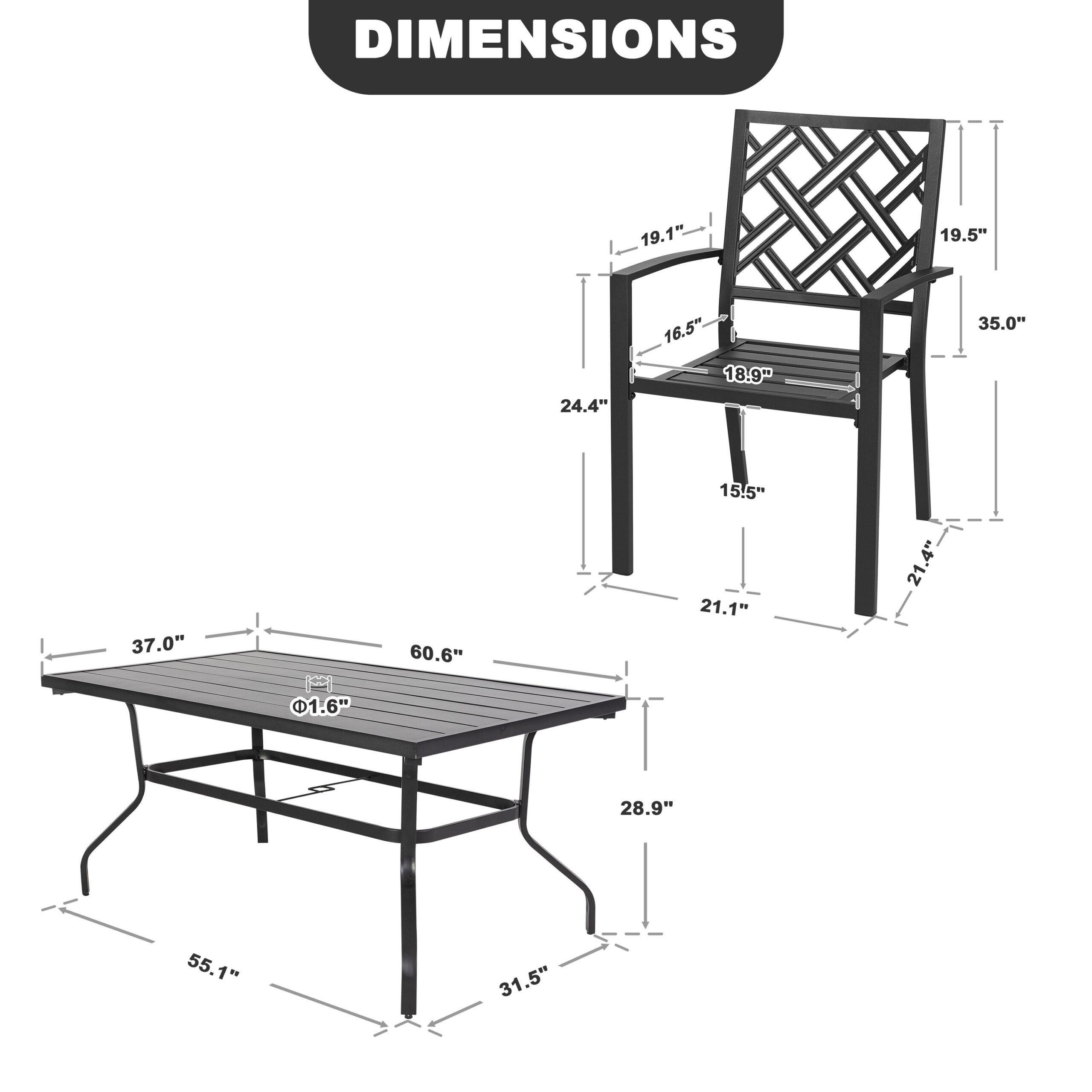 Nuu Garden 7 -Piece Black Patio Dining Set Iron Rectangle Table with 6 Stackable Stationary Chairs