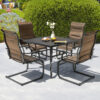 Nuu Garden 5 -Piece Black Patio Dining Set Iron Square Table with 4 Brown C-spring Chairs