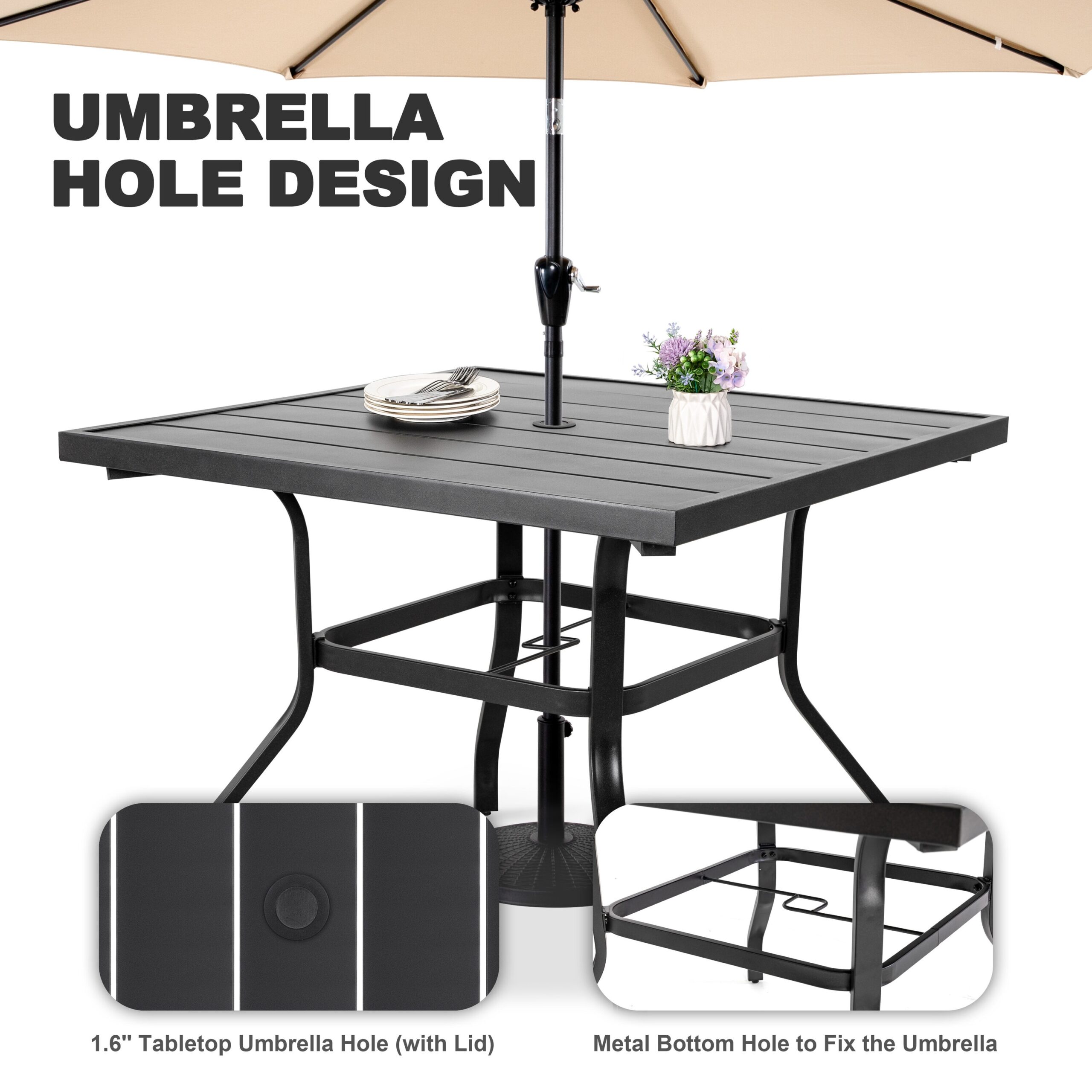 Nuu Garden 5 -Piece Black Patio Dining Set Iron Square Table with 4 Brown C-spring Chairs