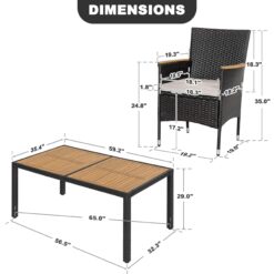 Nuu Garden 7 -Piece Black Rattan Patio Dining Set Wood Rectangle Table with 6 Beige Cushions Stationary Chairs