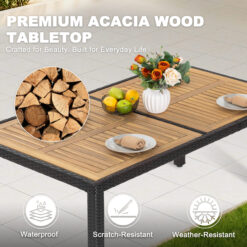Nuu Garden 7 -Piece Black Rattan Patio Dining Set Wood Rectangle Table with 6 Beige Cushions Stationary Chairs