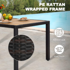 Nuu Garden 7 -Piece Black Rattan Patio Dining Set Wood Rectangle Table with 6 Beige Cushions Stationary Chairs