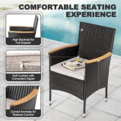Nuu Garden 7 -Piece Black Rattan Patio Dining Set Wood Rectangle Table with 6 Beige Cushions Stationary Chairs