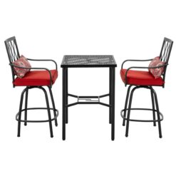 Nuu Garden 3 -Piece Black Bar Height Patio Dining Set Iron Square Table with 2 Red Cushions Swivel Chairs