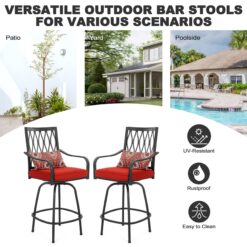 Nuu Garden 3 -Piece Black Bar Height Patio Dining Set Iron Square Table with 2 Red Cushions Swivel Chairs