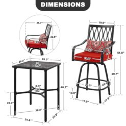 Nuu Garden 3 -Piece Black Bar Height Patio Dining Set Iron Square Table with 2 Red Cushions Swivel Chairs