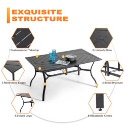 Nuu Garden 7 -Piece Black Patio Dining Set Iron Rectangle Table with 6 Brown Swivel Chairs