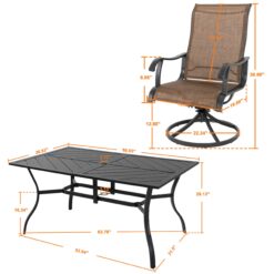 Nuu Garden 7 -Piece Black Patio Dining Set Iron Rectangle Table with 6 Brown Swivel Chairs
