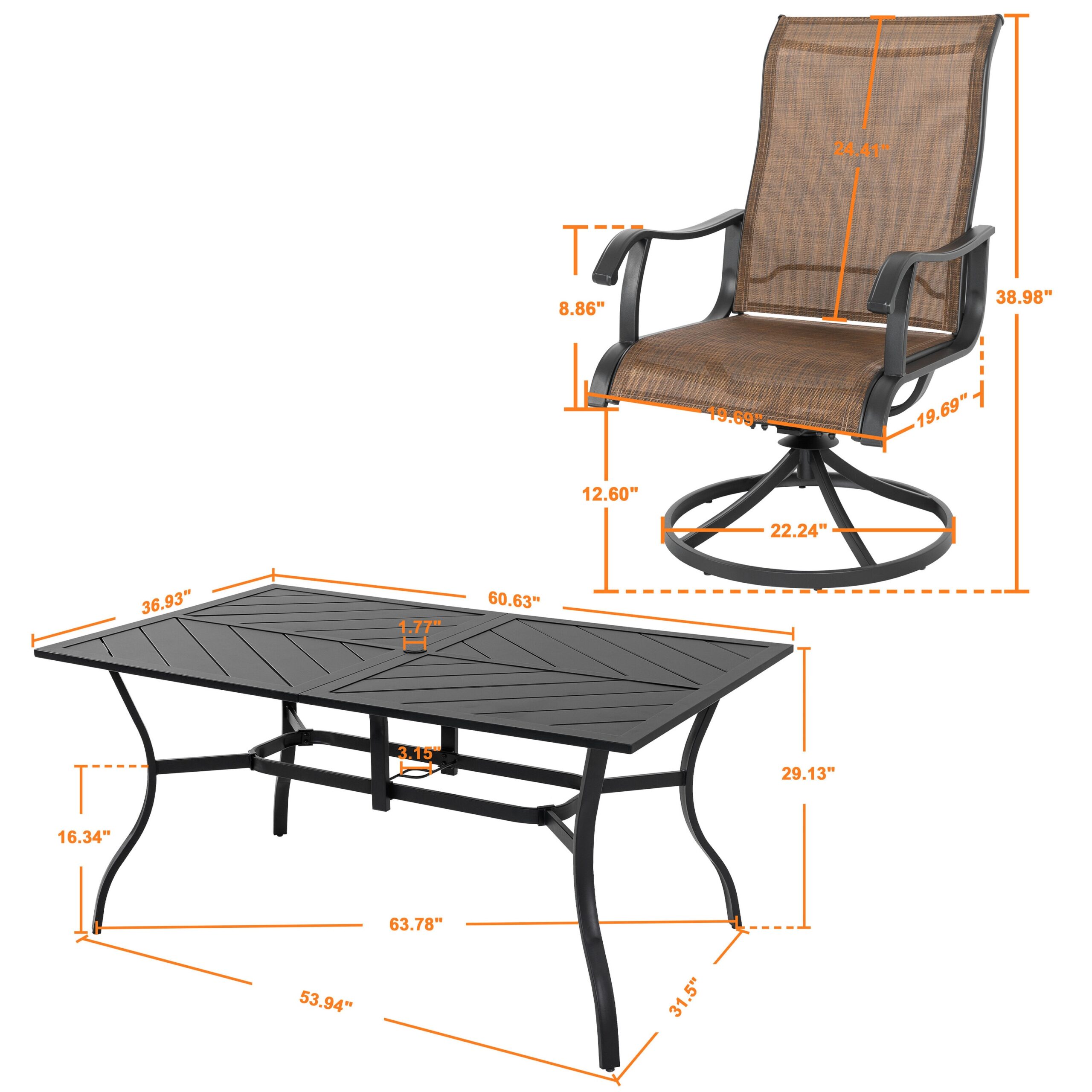 Nuu Garden 7 -Piece Black Patio Dining Set Iron Rectangle Table with 6 Brown Swivel Chairs