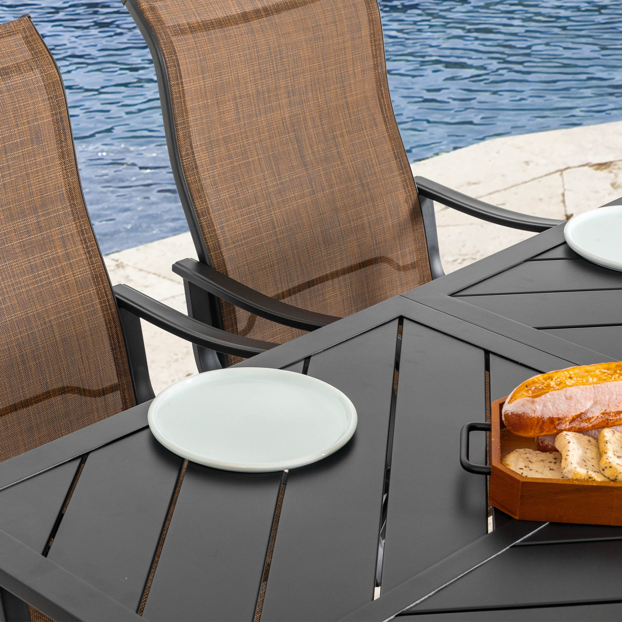 Nuu Garden 7 -Piece Black Patio Dining Set Iron Rectangle Table with 6 Brown Swivel Chairs