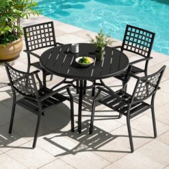Nuu Garden 5 -Piece Black Patio Dining Set Iron Round Table with 4 Stackable Stationary Chairs