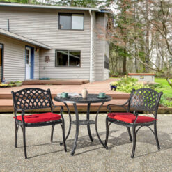 Nuu Garden 3 -Piece Black with gold Bistro Patio Dining Set Aluminum Round Table with 2 Red Cushions Stationary Chairs