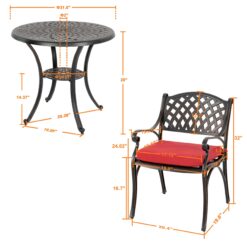Nuu Garden 3 -Piece Black with gold Bistro Patio Dining Set Aluminum Round Table with 2 Red Cushions Stationary Chairs