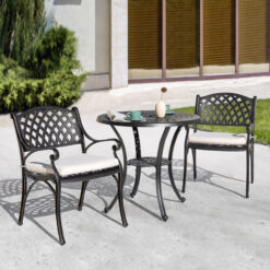 Nuu Garden 3 -Piece Black with gold Bistro Patio Dining Set Aluminum Round Table with 2 Off-white Cushions Stationary Chairs