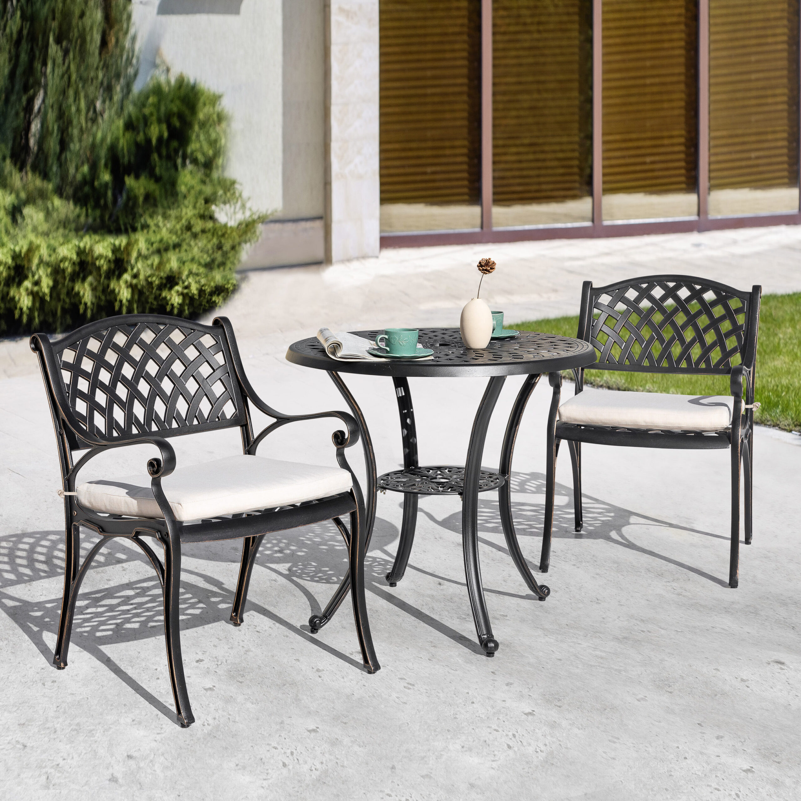 Nuu Garden 3 -Piece Black with gold Bistro Patio Dining Set Aluminum Round Table with 2 Off-white Cushions Stationary Chairs