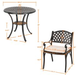 Nuu Garden 3 -Piece Black with gold Bistro Patio Dining Set Aluminum Round Table with 2 Off-white Cushions Stationary Chairs