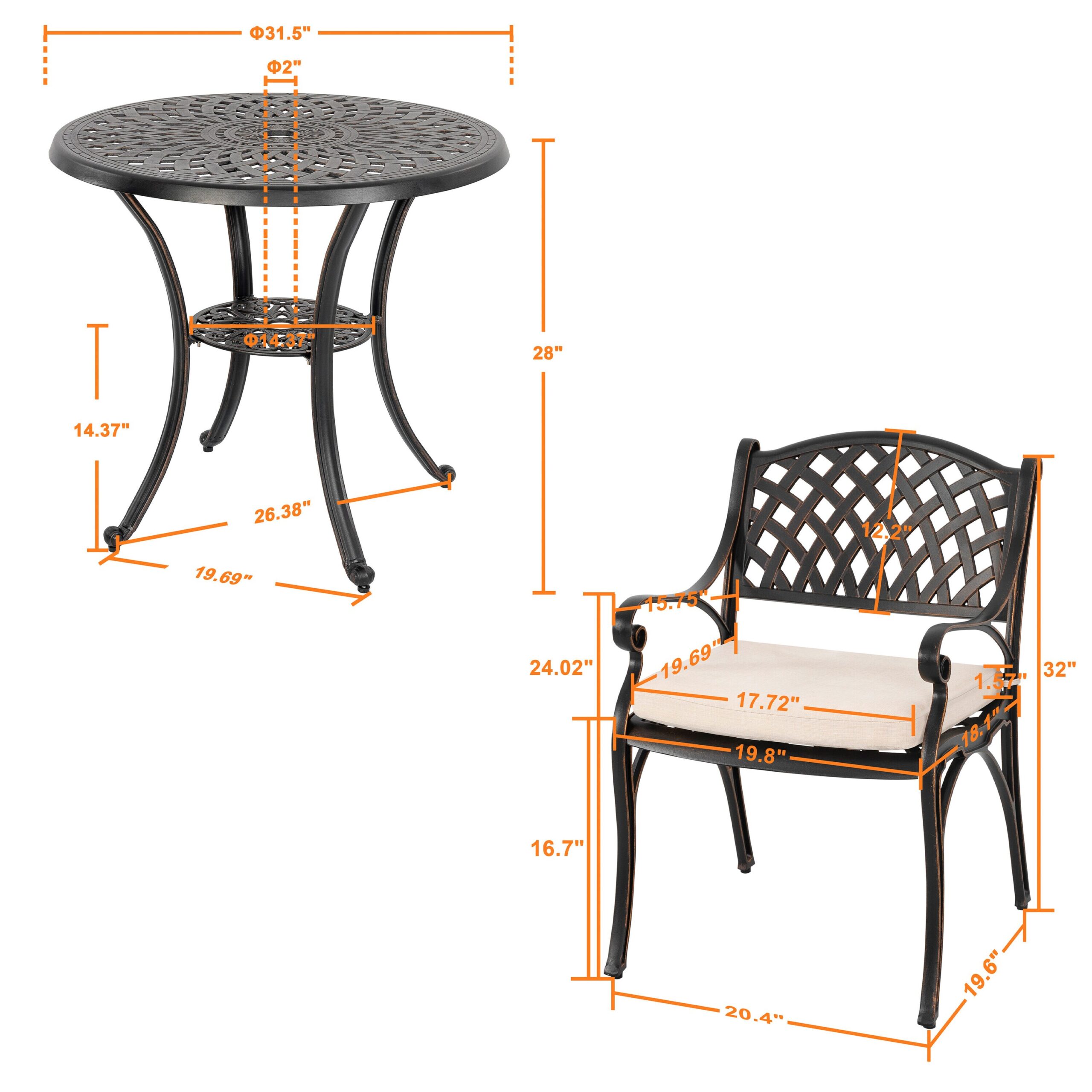 Nuu Garden 3 -Piece Black with gold Bistro Patio Dining Set Aluminum Round Table with 2 Off-white Cushions Stationary Chairs