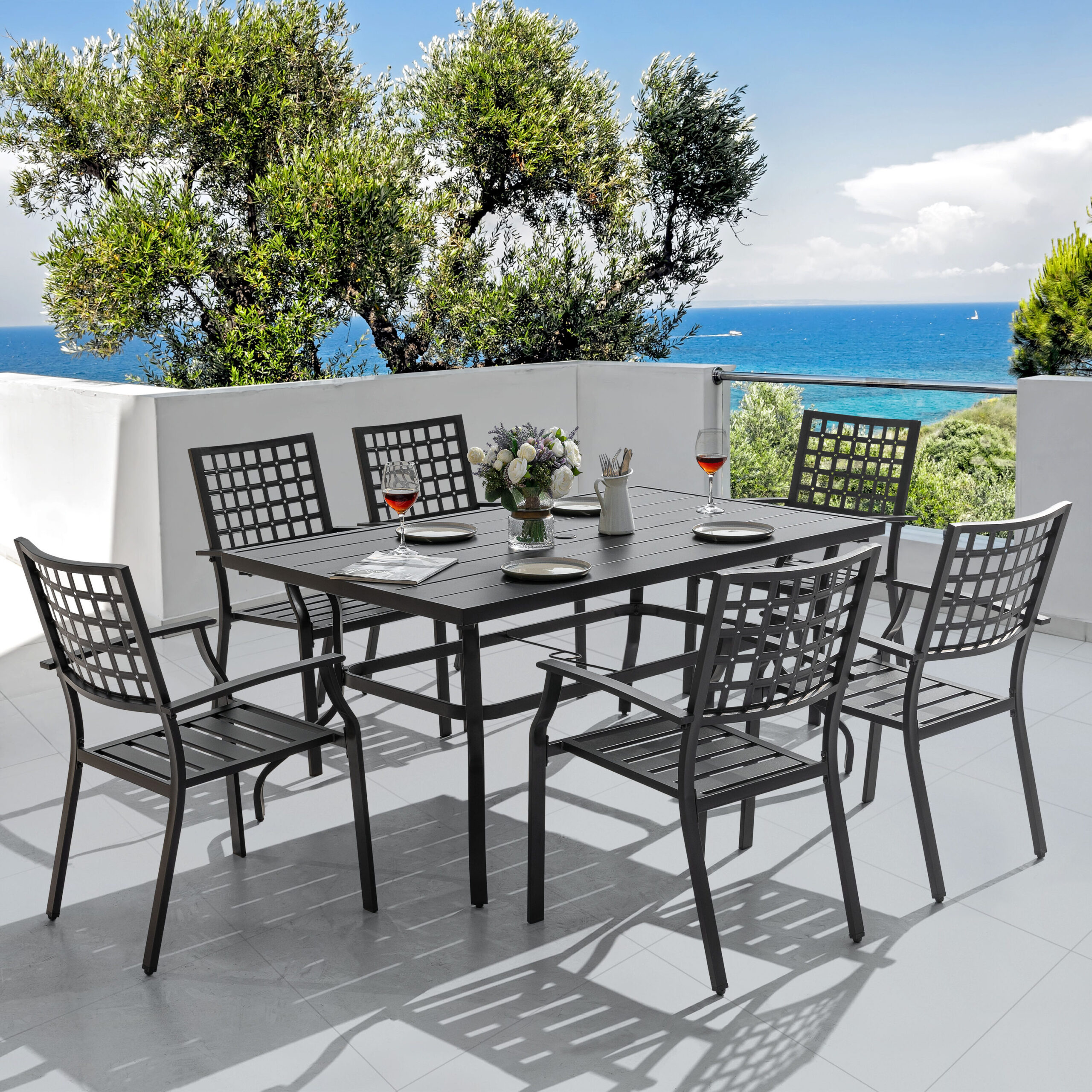 Nuu Garden 7 -Piece Black Patio Dining Set Iron Rectangle Table with 6 Stackable Stationary Chairs