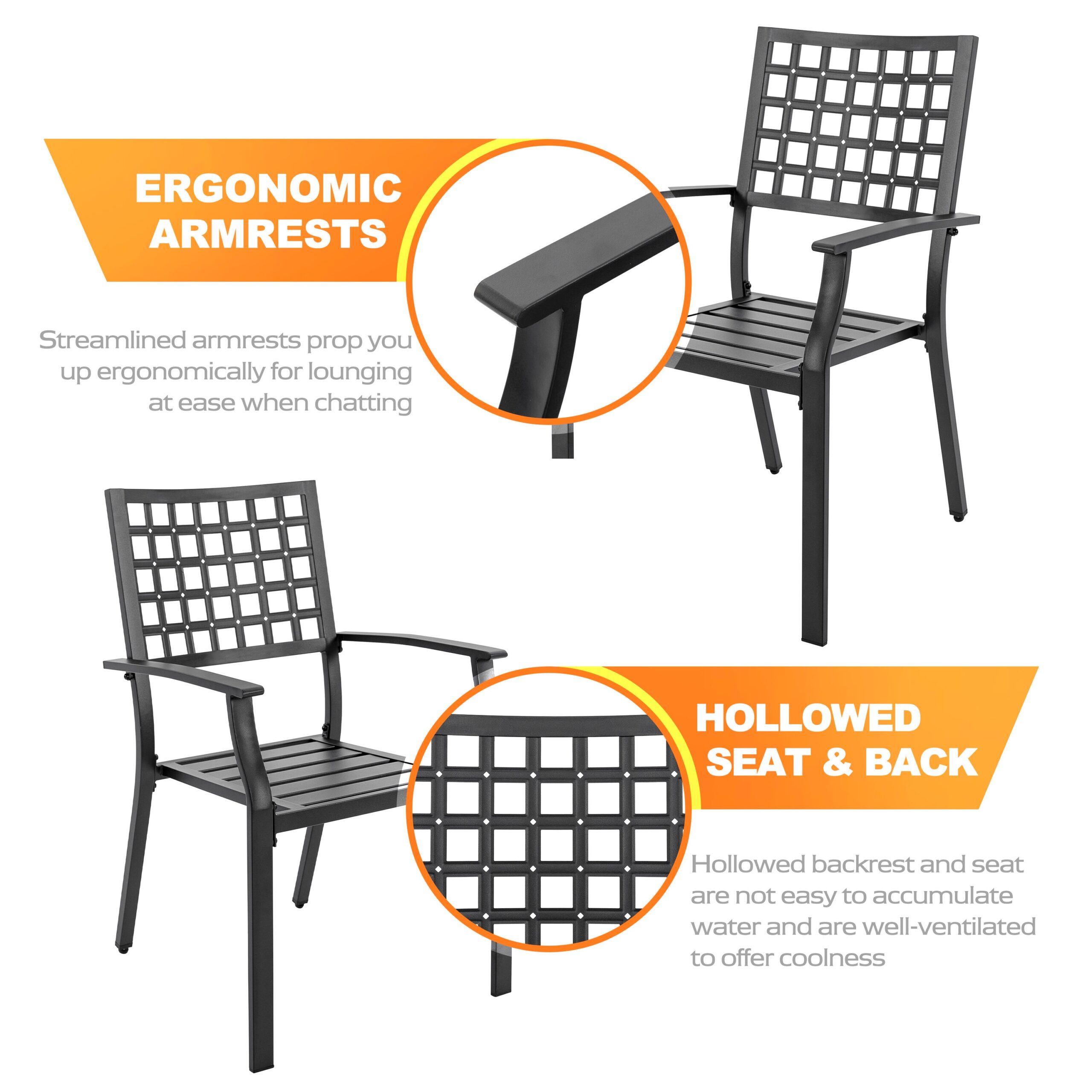 Nuu Garden 7 -Piece Black Patio Dining Set Iron Rectangle Table with 6 Stackable Stationary Chairs