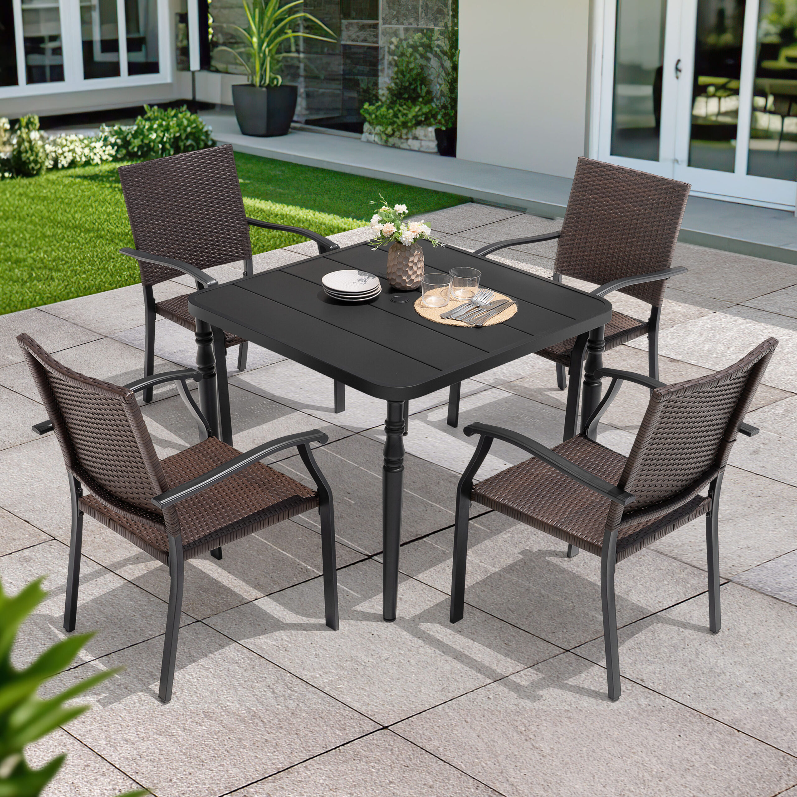 Nuu Garden 5 -Piece Black Wicker Patio Dining Set Iron Square Table with 4 Stationary Chairs