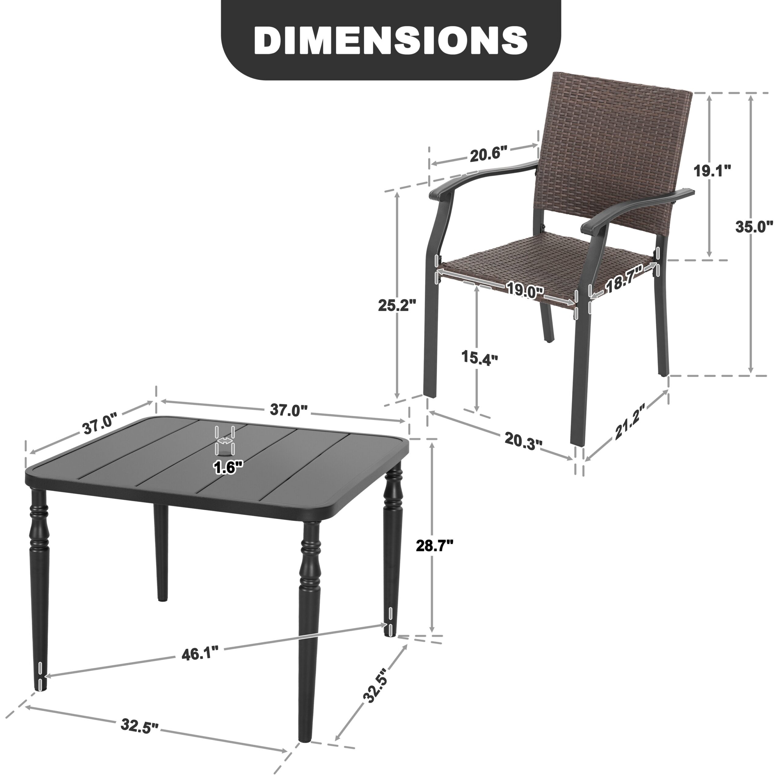 Nuu Garden 5 -Piece Black Wicker Patio Dining Set Iron Square Table with 4 Stationary Chairs
