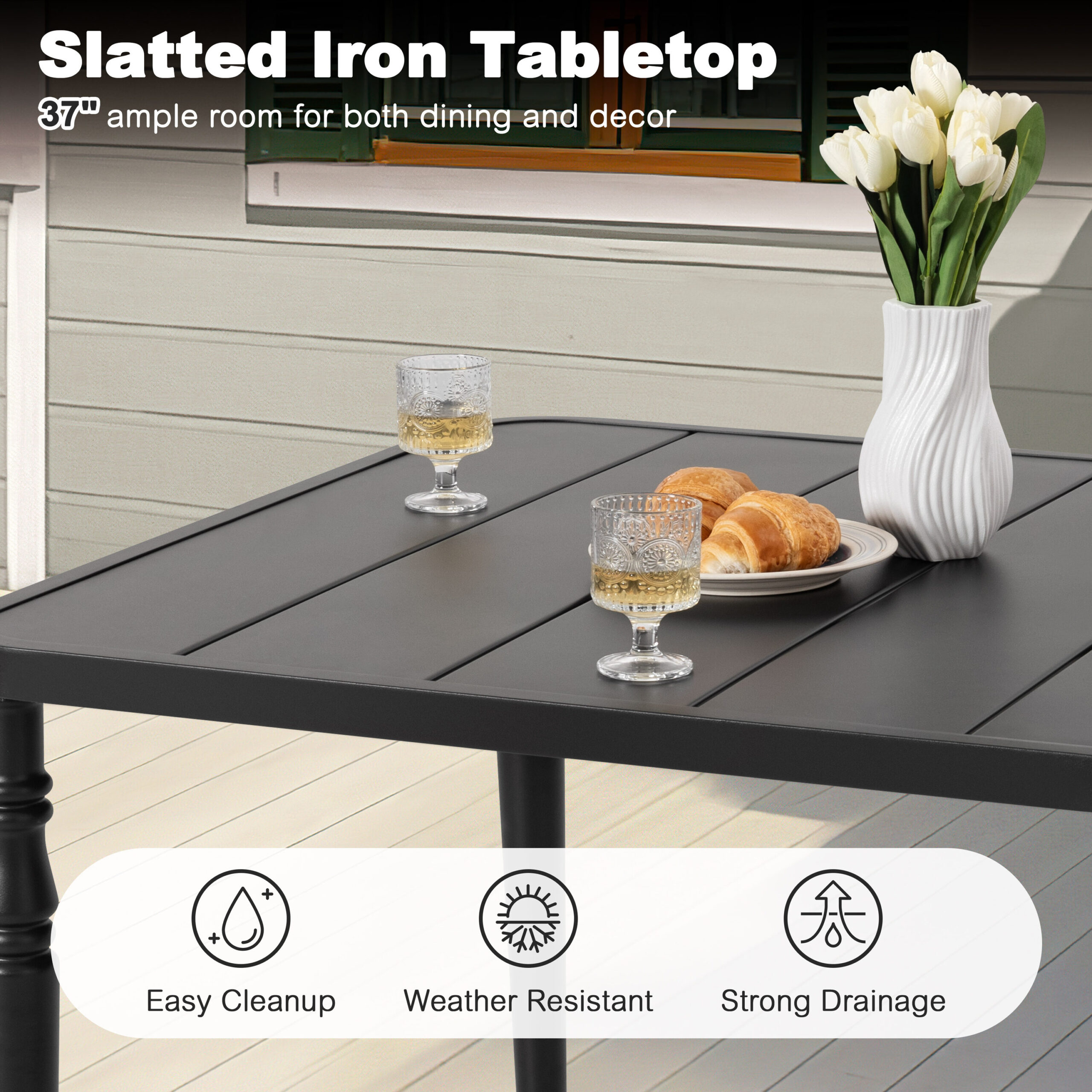 Nuu Garden 5 -Piece Black Wicker Patio Dining Set Iron Square Table with 4 Stationary Chairs