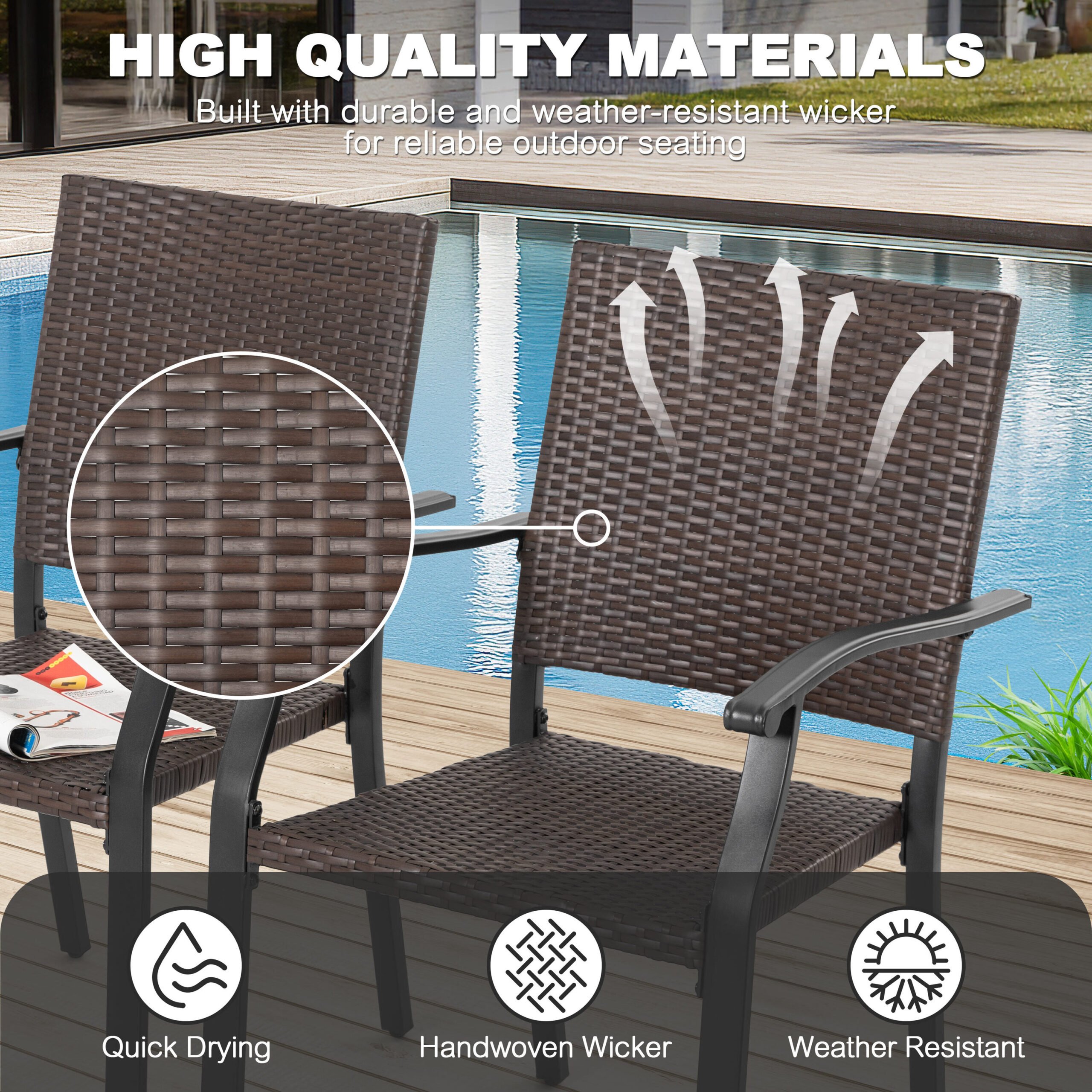 Nuu Garden 5 -Piece Black Wicker Patio Dining Set Iron Square Table with 4 Stationary Chairs
