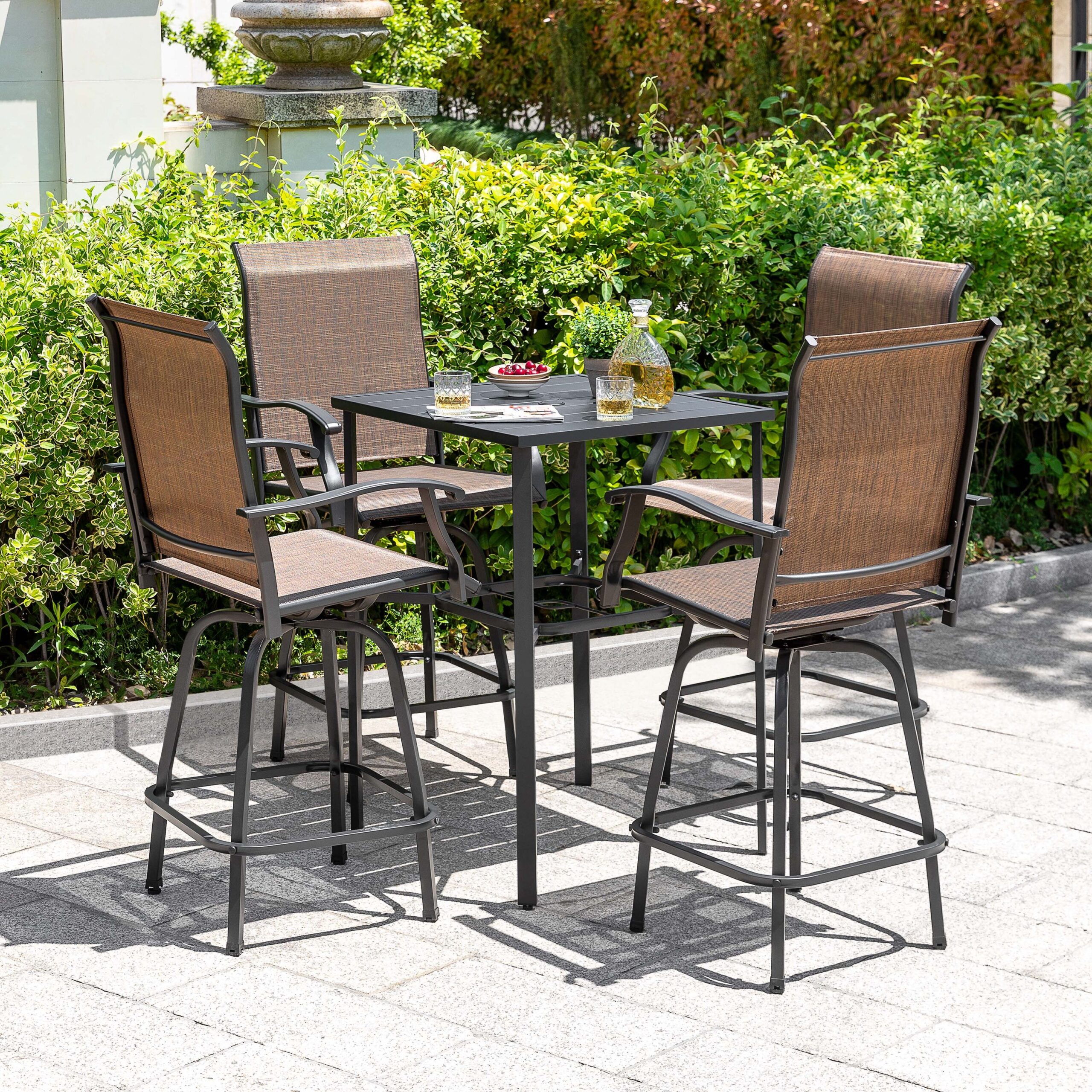Nuu Garden 5 -Piece Black Bar Height Patio Dining Set Iron Square Table with 4 Brown Swivel Chairs
