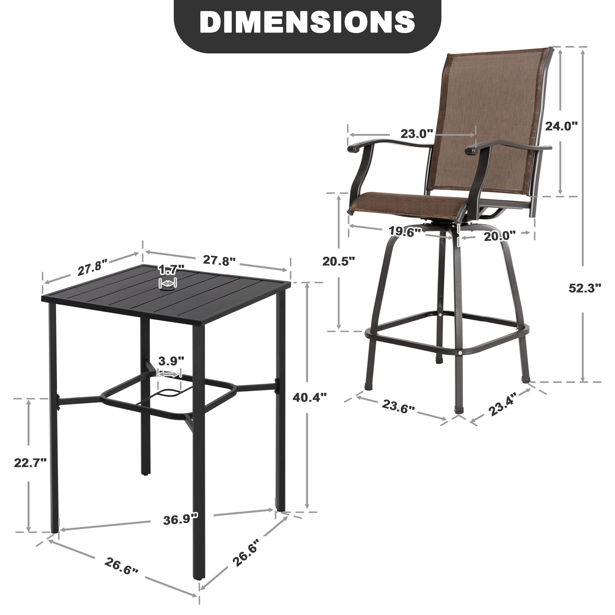 Nuu Garden 5 -Piece Black Bar Height Patio Dining Set Iron Square Table with 4 Brown Swivel Chairs