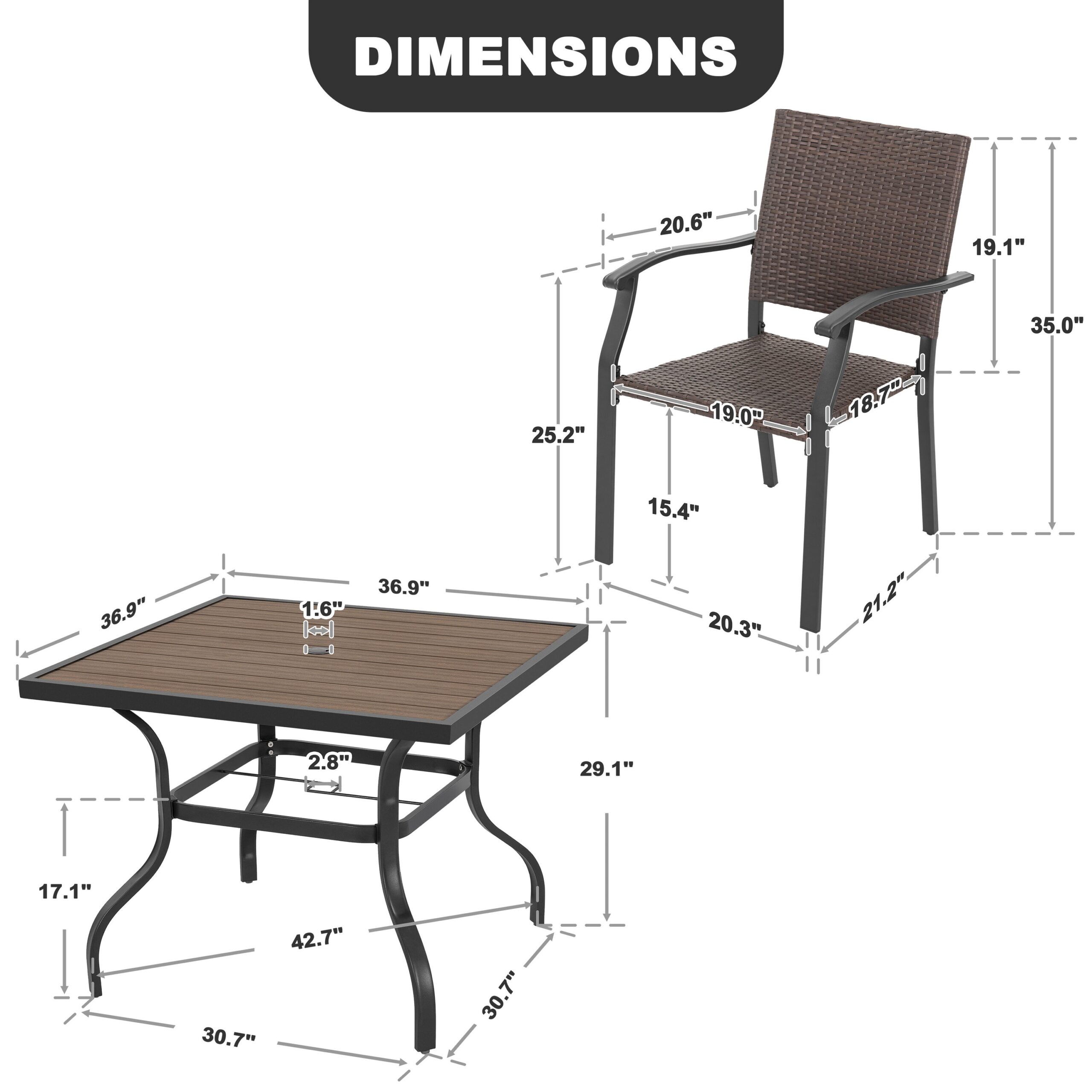 Nuu Garden 5 -Piece Black Wicker Patio Dining Set Iron Square Table with 4 Stationary Chairs