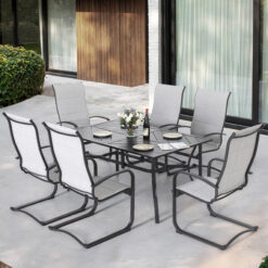 Nuu Garden 7 -Piece Black Patio Dining Set Iron Rectangle Table with 6 Gray C-spring Chairs