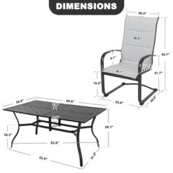 Nuu Garden 7 -Piece Black Patio Dining Set Iron Rectangle Table with 6 Gray C-spring Chairs