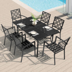 Nuu Garden 7 -Piece Black Patio Dining Set Iron Rectangle Table with 6 Stackable Stationary Chairs
