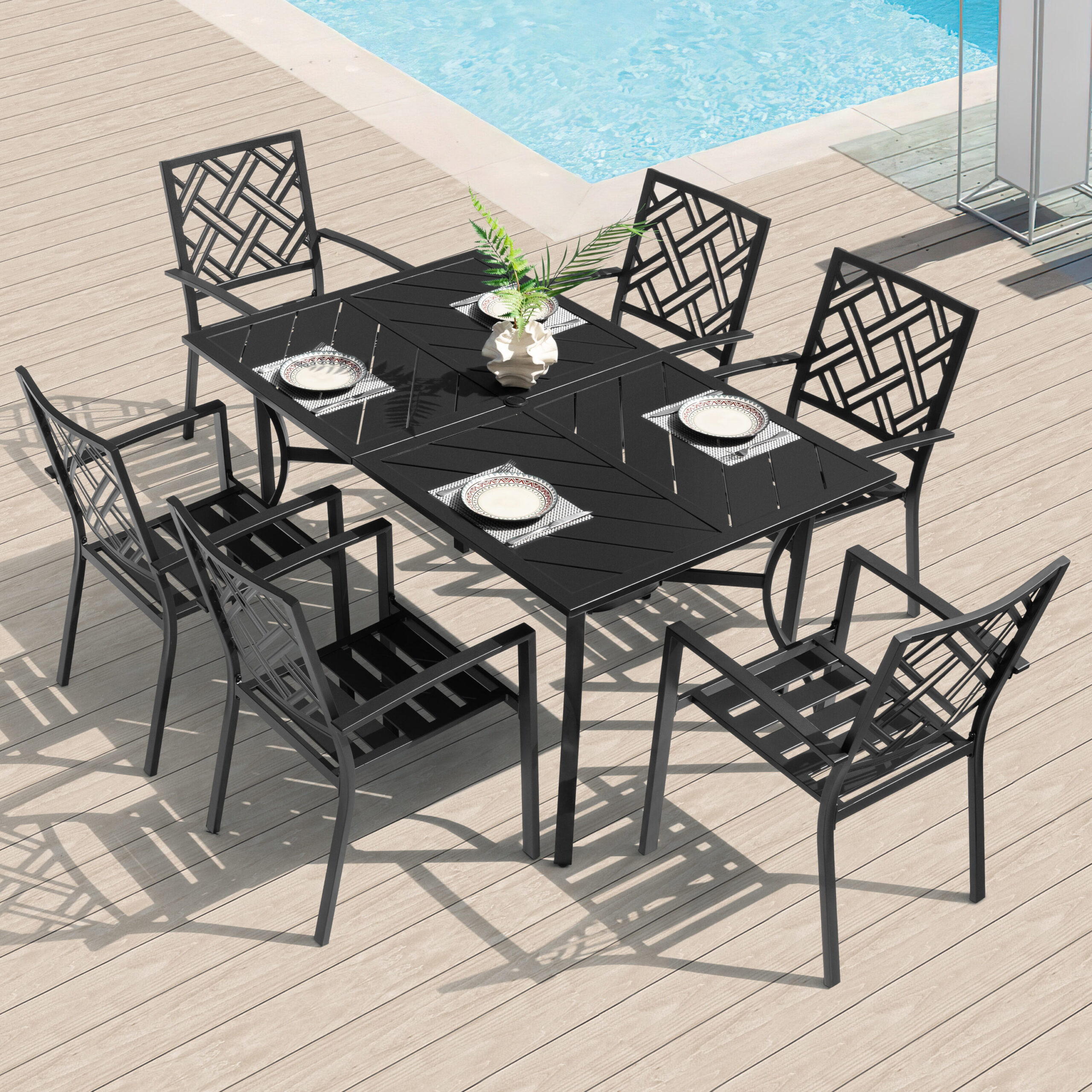 Nuu Garden 7 -Piece Black Patio Dining Set Iron Rectangle Table with 6 Stackable Stationary Chairs