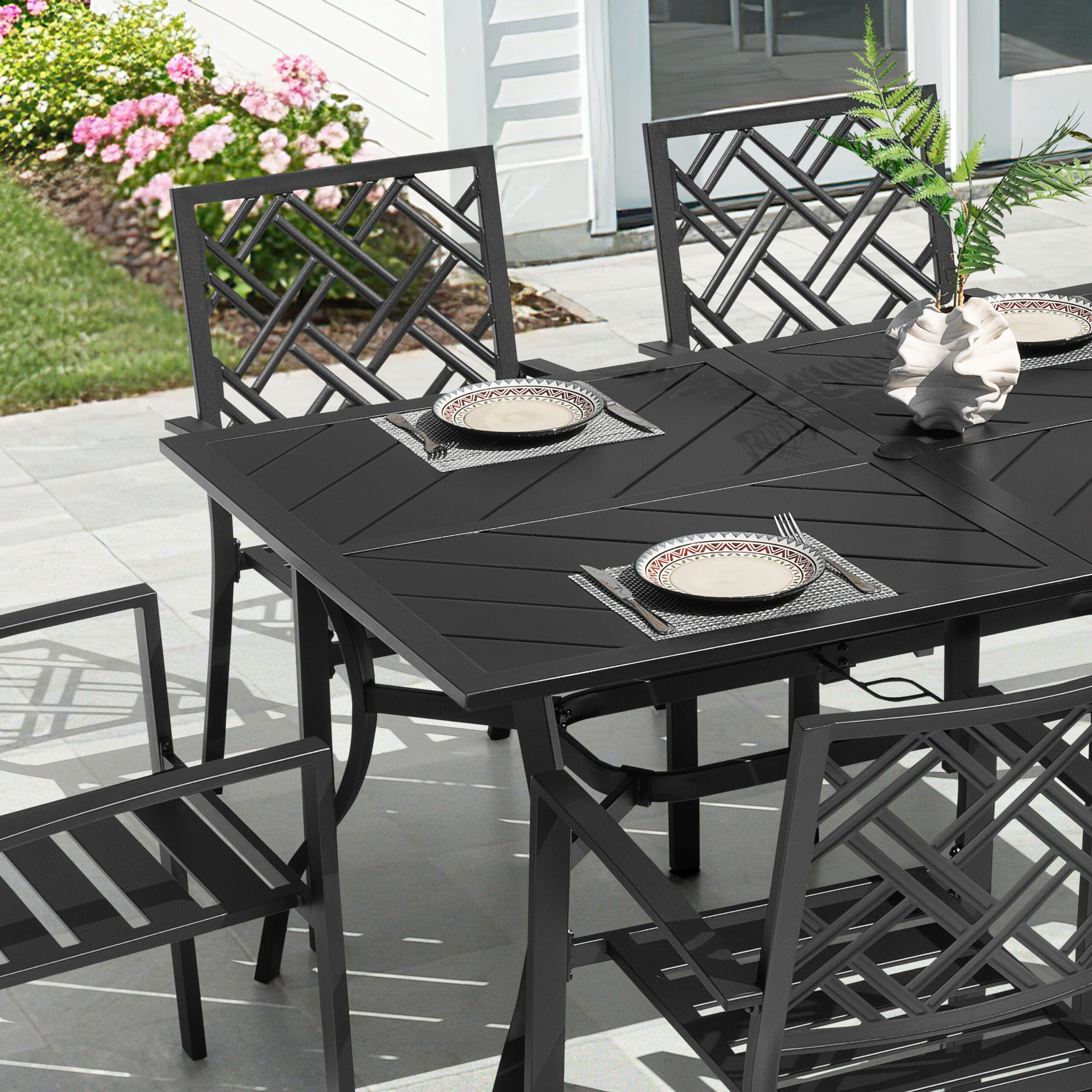 Nuu Garden 7 -Piece Black Patio Dining Set Iron Rectangle Table with 6 Stackable Stationary Chairs