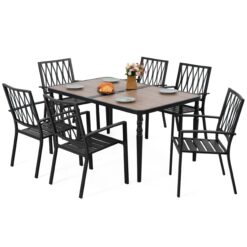 Nuu Garden 7 -Piece Black Patio Dining Set Iron Rectangle Table with 6 Stackable Stationary Chairs