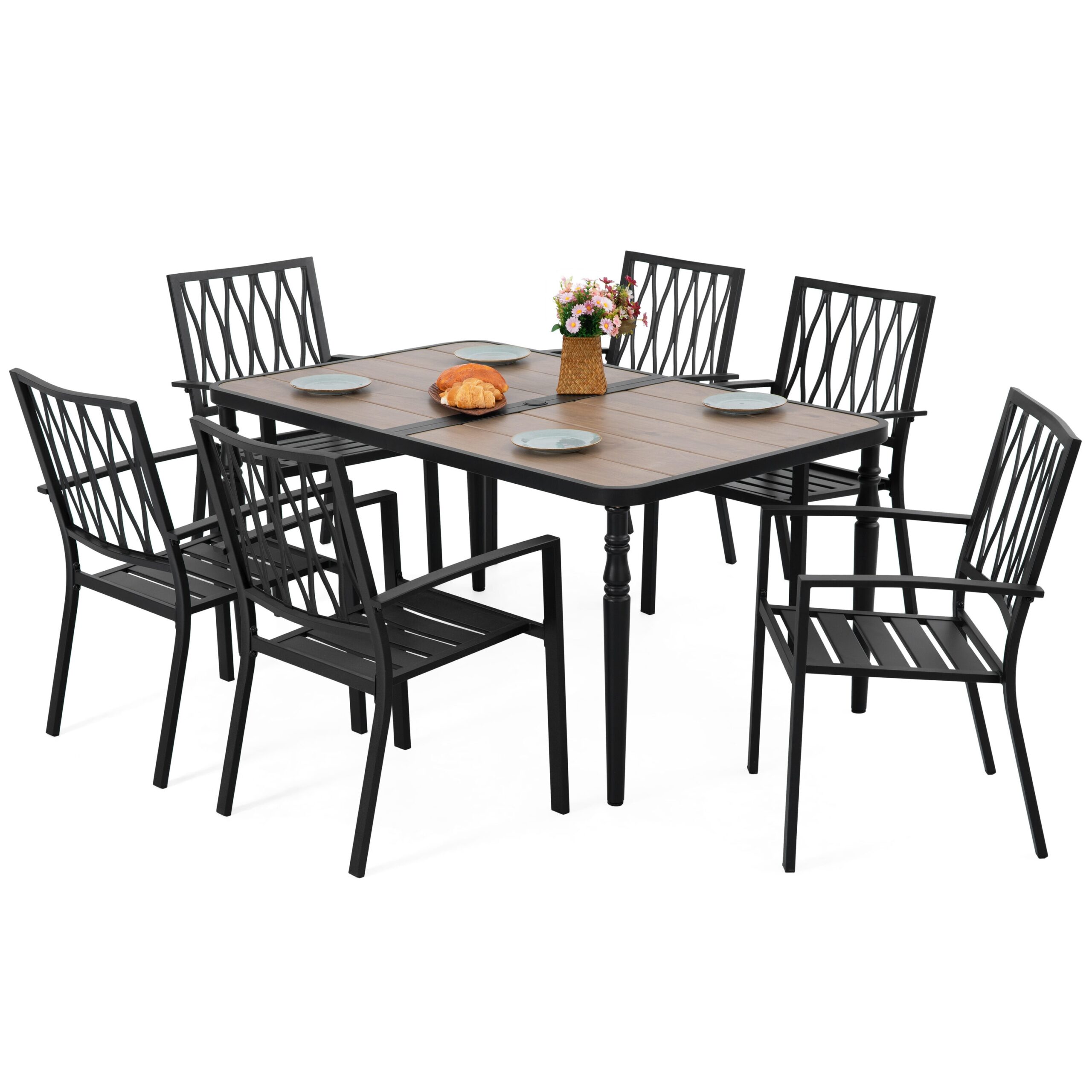 Nuu Garden 7 -Piece Black Patio Dining Set Iron Rectangle Table with 6 Stackable Stationary Chairs