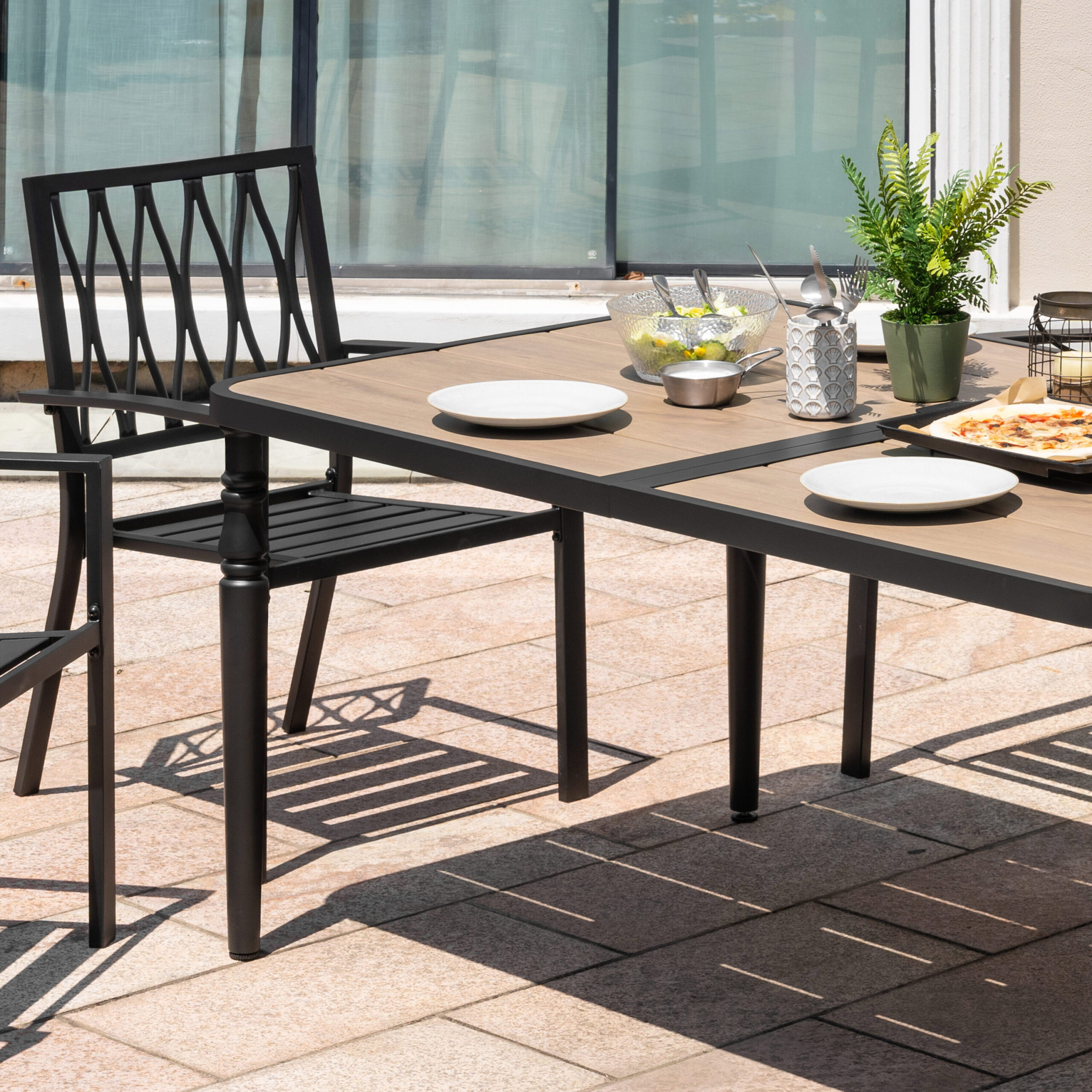 Nuu Garden 7 -Piece Black Patio Dining Set Iron Rectangle Table with 6 Stackable Stationary Chairs