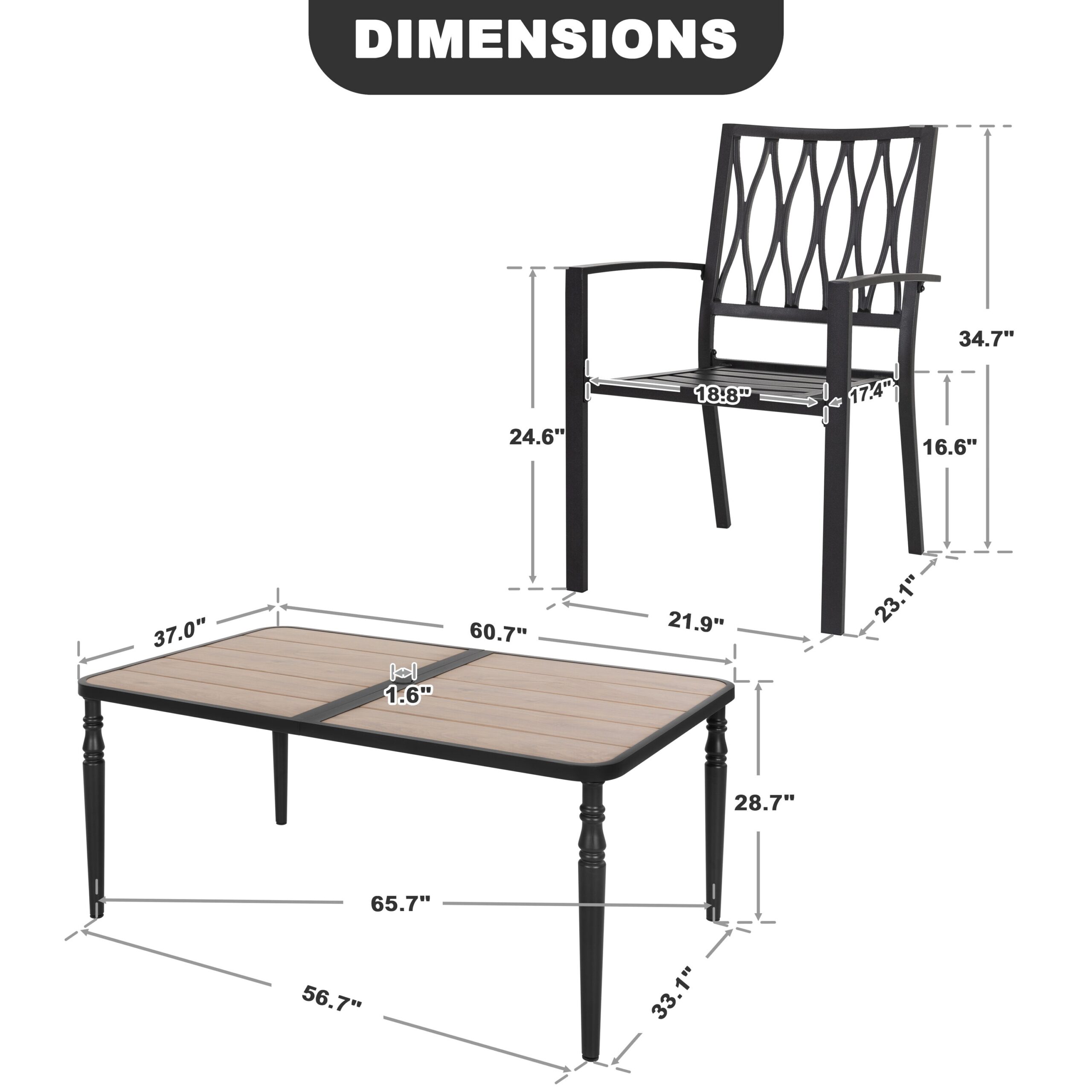 Nuu Garden 7 -Piece Black Patio Dining Set Iron Rectangle Table with 6 Stackable Stationary Chairs